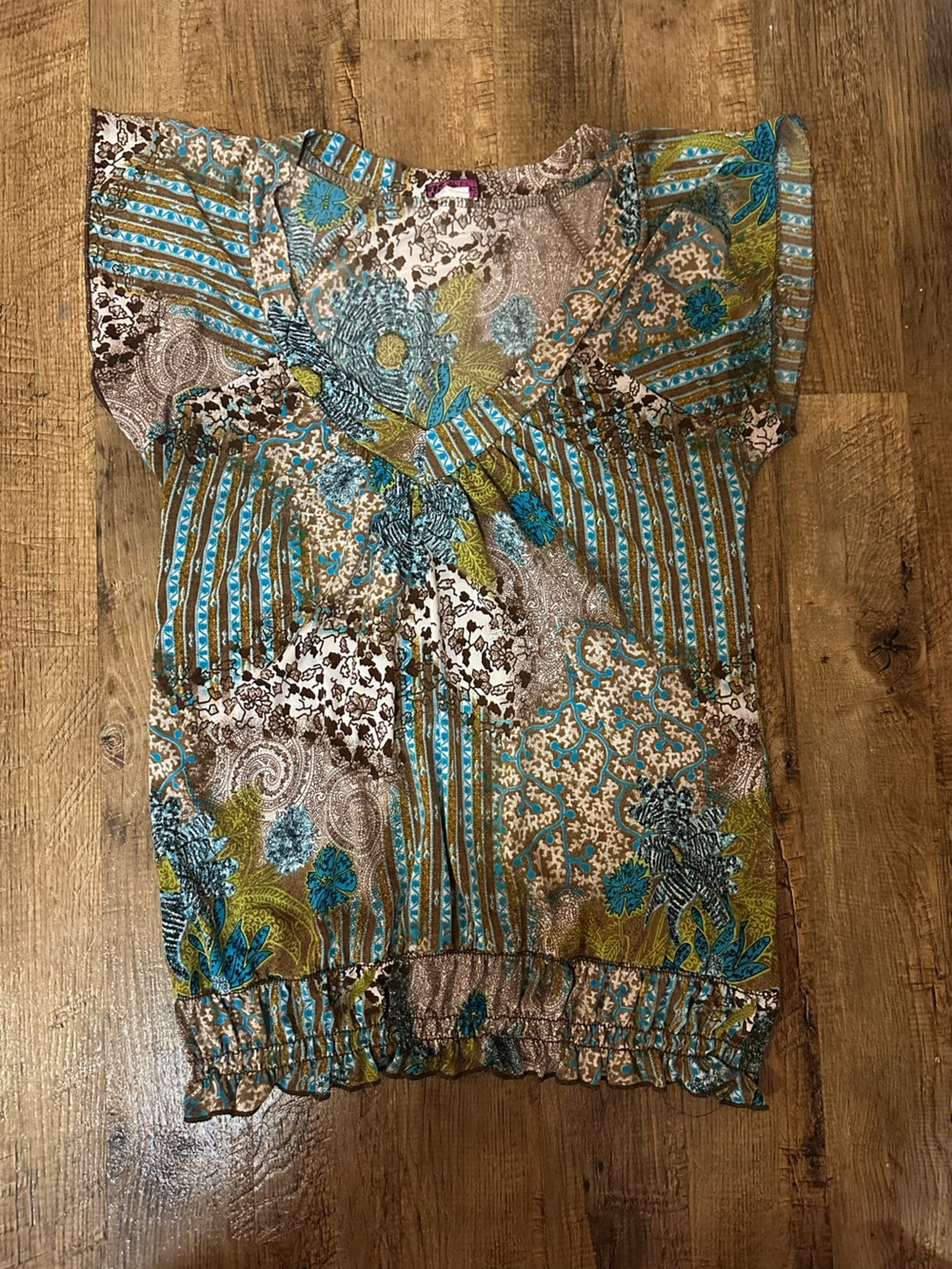 Agenda Y2K Boho Paisley Floral V Neck Tunic Top Brown Turquoise